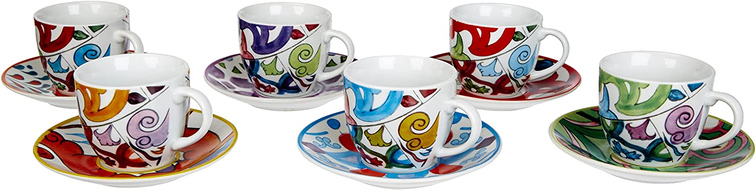 Tazzine caffe' con piattino, serie Lisbona, set 6 pezzi, multicolore cod.62715